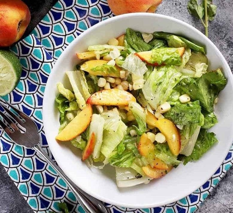 PEACH AND CORN SALAD WITH MINT AND LIME VINAIGRETTE