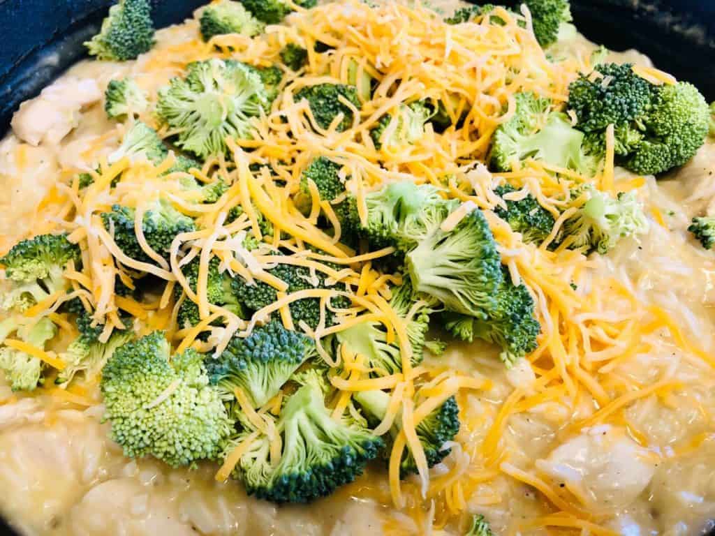 broccoli, cheese, added to cooked chicken and rice